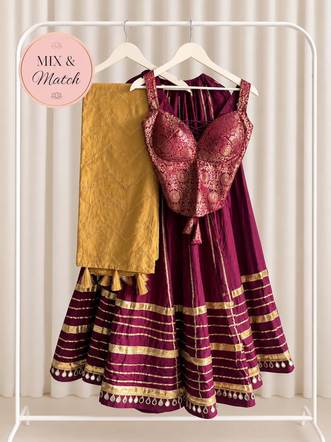 Burgundy & Gold Mirror Work Lehenga