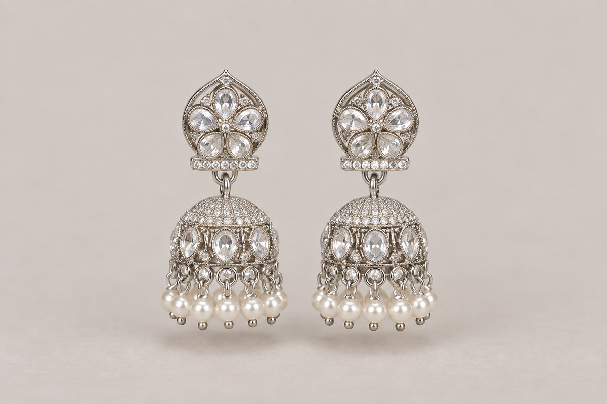 Crystal & Silver Jhumka